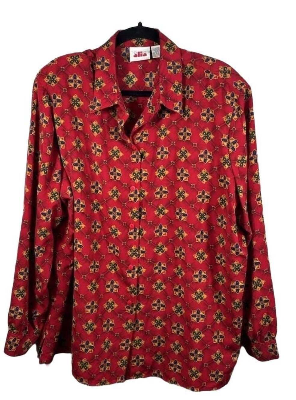 Alia Vintage Red Geometric Print Long Sleeve Button Down Blouse Size 22W